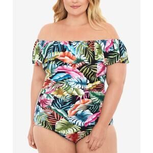 Swim Solutions Women's Plus Off-The-Shoulder Printed One-Piece Swimsuit